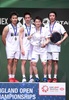 バドミントン、全英オープン、男子ダブルス決勝。表彰台でポーズを取る優勝した遠藤大由/渡辺勇大組（右）と準優勝のマーカス・フェルナルディ・ギデオン/ケビン・サンジャヤ・スカムルジョ組（2020年3月15日撮影）。 (c)Oli SCARFF / AFP