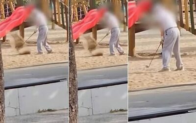 韓国で相次ぐ「無分別ゴルフ練習」…子どもの遊び場で“力強いバンカーショット”