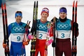平昌冬季五輪、クロスカントリースキー男子スプリント・クラシカルの表彰式に臨むフェデリコ・ペレグリーノ、ヨハネス・クレボ、アレクサンドル・ブルシュノフ（2018年2月13日撮影）。(c)AFP/Odd ANDERSEN