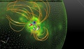 フランス国立科学研究センター（National Centre for Scientific Research、CNRS）のタハール・アマリ（Tahar Amari）氏率いる研究チームが制作した、2006年12月13日に発生した太陽フレアと周辺の磁場の様子を表したモデル（2014年10月22日提供）。(c)AFP/CNRS-Ecole Polytechnique/TAHAR AMARI
