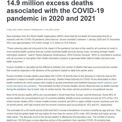 新型コロナ感染拡大で約1490万人「超過死亡」 WHO