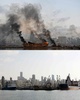 レバノン首都ベイルートの港湾地区の比較写真（上、大爆発後の2020年8月4日撮影、下、2017年4月3日撮影）。(c)PATRICK BAZ / AFP
