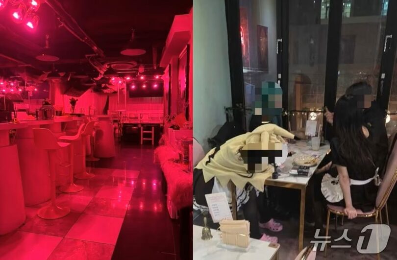 ミナさんが働いていた釜山のあるメイドカフェ。メイドたちが客と同じテーブルに座って会話している＝本人提供(c)news1