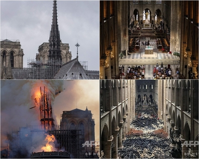 大規模火災の前と後のノートルダム大聖堂