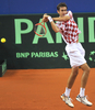 男子テニス国別対抗戦、デビスカップ（%%2009 Davis Cup%%）ワールドグループ準決勝、クロアチア対チェコ。初日はシングルス2試合が行われ、チェコが2連勝を飾り準決勝進出に王手をかけた。

　チェコは第1試合でラデク・ステパネク（%%Radek Stepanek%%）がイヴォ・カルロビッチ（%%Ivo Karlovic%%）に6-7、7-6、7-6、6-7、16-14で勝利し、第2試合ではトマス・ベルディハ（%%Tomas Berdych%%）がマリン・チリッチ（%%Marin Cilic%%）を6-3、6-3、3-6、4-6、6-3で下した。写真はリターンショットを放つマリン・チリッチ。（2009年9月18日撮影）(c)AFP/HRVOJE POLAN