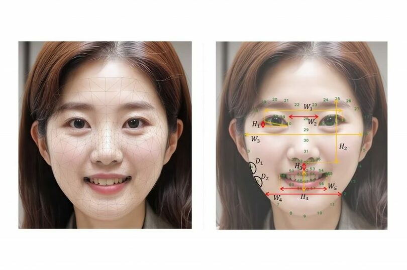 AIを活用した顔特徴点抽出技術の例（左）と、顔の部位別に定義した6種類の老化指標の例（右）＝LG生活健康提供(c)news1