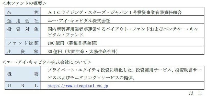 【大同生命】日本の新興運用業者促進プログラムに資するファンドへの出資 ~資産運用立国の実現に向けた取組みを支援 ~