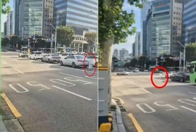 ソウルの繁華街、車とともに左折する歩行者の珍行動…「前世は車？」