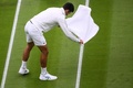 テニス、ウィンブルドン選手権、男子シングルス1回戦。芝をタオルで乾かそうとするノバク・ジョコビッチ（2023年7月3日撮影）。(c)Daniel LEAL / AFP