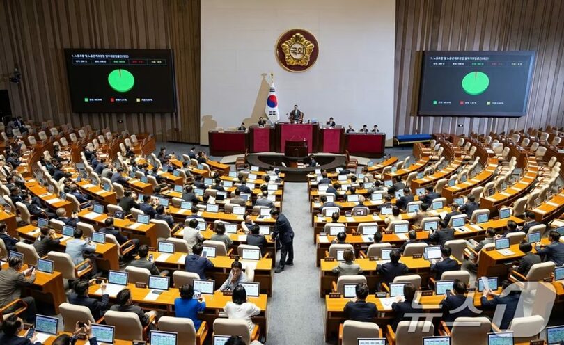 昨年8月、労働組合および労働関係調整法の一部改正法案を採決する韓国国会(c)news1