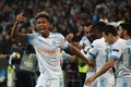サッカーヨーロッパリーグ準々決勝第2戦、オリンピック・マルセイユ対RBライプツィヒ。チーム2点目を喜ぶオリンピック・マルセイユの選手（2018年4月12日撮影）。(c)AFP PHOTO / BORIS HORVAT