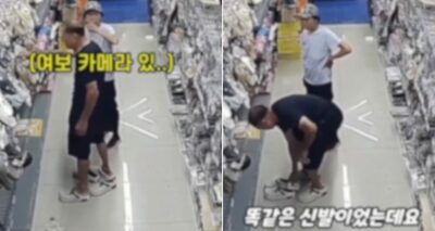 店の新品の靴に履き替え、古靴を置いて立ち去る男性…韓国で拡散した防犯カメラ映像