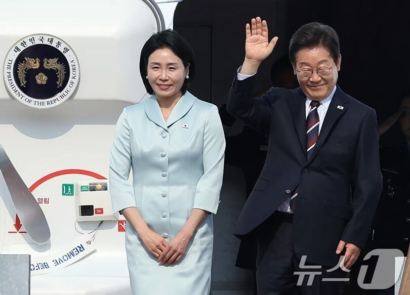 主要7カ国（G7）首脳会議に出席したイ・ジェミョン（李在明）大統領と妻キム・ヘギョン氏(c)news1