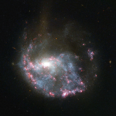 銀河の衝突で広がるピンクの輪、「NGC 922」の画像公開