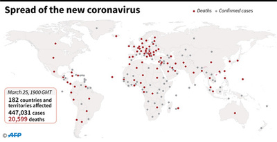 新型コロナウイルス、現在の感染者・死者数（26日午前4時時点）