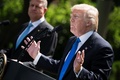 米ホワイトハウスでルーマニアのクラウス・ヨハニス大統領（奥）と共同記者会見を開くドナルド・トランプ米大統領（2017年6月9日撮影）。(c)AFP/Brendan Smialowski