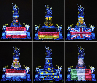 ドイツの記念碑、欧州各国の国旗色にライトアップ