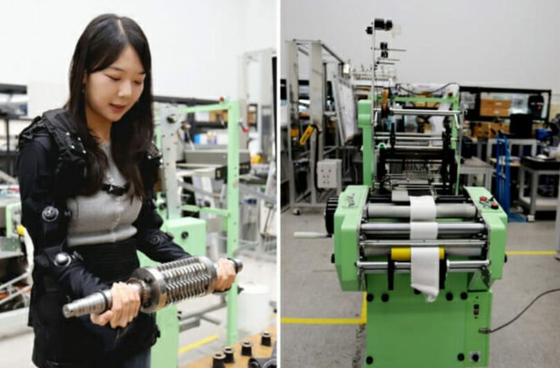 軽量な衣服型ウェアラブルロボットの性能を試験する韓国機械研究院の学生研究員（左）と筋肉繊維自動織機(c)KOREA WAVE