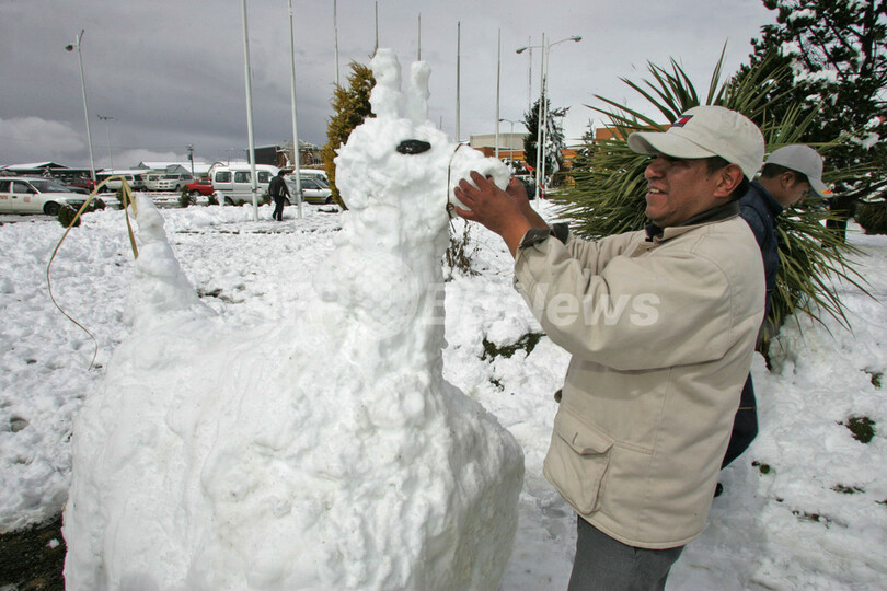 ボリビアで大雪、雪だるまや雪ラマを作る人々