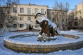 ロシアのシベリア東部ヤクーツクのメルニコフ永久凍土研究所の前にあるマンモスの像（2018年11月26日撮影）。(c)Mladen ANTONOV / AFP