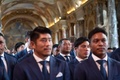 ラグビーW杯フランス大会開幕を控え、ベースキャンプ地の仏トゥールーズの市庁舎で行われた歓迎セレモニーに出席する日本の選手（2023年9月3日撮影）。(c)Matthieu RONDEL / AFP