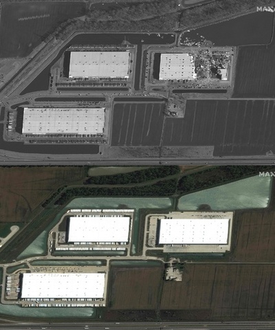 米竜巻、被災前後の衛星写真