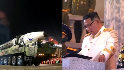 動画:北朝鮮国営TV、軍事パレードの映像放送 「新しい演出」も