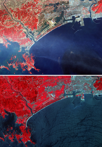 被災前後の衛星写真、津波の脅威あらわに