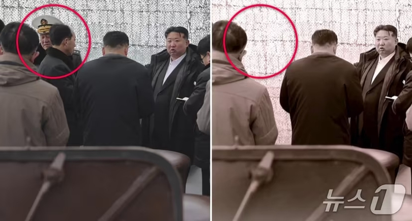 （左）3月に報道された進水式の映像にはキム・ミョンシク海軍司令官とホン・ギルホ造船所所長の姿が確認されていたが（右）6月13日の報道では両者の姿が削除されていた＝NKニュースキャプチャー(c)news1