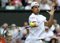 テニス、ウィンブルドン選手権（%%The Championships Wimbledon 2009%%）男子シングルス準決勝。大会第2シードのロジャー・フェデラー（%%Roger Federer%%、スイス）は、大会第24シードのトミー・ハース（%%Tommy Haas%%、ドイツ）と対戦。フェデラーは7-6、7-5、6-3のストレートでハースを退け、グランドスラム（4大大会）では通算20度目、ウィンブルドンでは7年連続となる決勝進出を果たした。写真はフォアハンドでリターンショットを放つトミー・ハース。（2009年7月3日撮影）(c)AFP/ADRIAN DENNIS