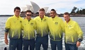 男子テニスの国別対抗戦デビスカップ、ワールドグループ・プレーオフを控え、ドローセレモニーで写真撮影に臨むオーストラリアの（左から）バーナード・トミック、ジョン・ピアーズ、サム・グロス、ニック・キリオス、レイトン・ヒューイット監督（2016年9月15日撮影）。(c)AFP/WILLIAM WEST