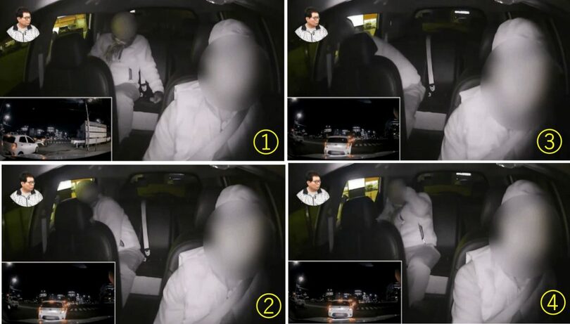 (1)普通に座っていた客が(2)窓から頭を出していた時に(3)車が急停車して頭をぶつけ(4)痛がっている様子＝「ハン・ムンチョルTV」(c)news1