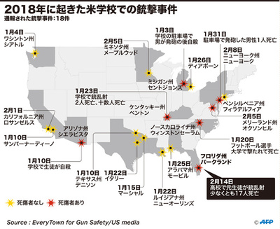 【図解】2018年に米国の学校で起きた銃撃事件、18件