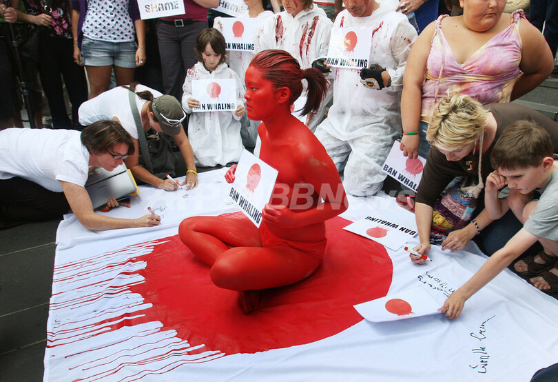 オーストラリアの反捕鯨活動団体、血の「日の丸」になって抗議活動