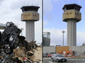 東日本大震災の被災地の震災直後の様子と、2012年1月の様子。

写真左は宮城県仙台市の空港管制塔そばに積み上がった車両（2011年3月14日撮影）。写真右は現在の様子（2012年1月12日撮影）。(c)AFP/Philippe Lopez/Toru Yamanaka