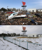 東日本大震災の被災地の震災直後の様子と、2012年1月の様子。

写真上は宮城県名取市の仙台空港そばに流された車両や自家用航空機（2011年3月13日撮影）。写真下は現在の様子（2012年1月12日撮影）。(c)AFP/MIKE CLARKE/TORU YAMANAKA
