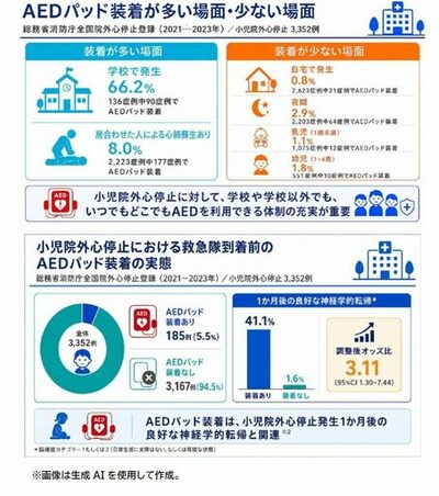 【国立循環器病研究センター・大阪大学】小児の心停止発生における救急隊到着前の実態からひも解くAEDパッド装着と良好な神経学的転帰との関連性