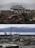 写真上は岩手県大槌町で津波に流されて2階建ての建物の上に乗り上げた遊覧船（2011年4月16日撮影）。写真下は現在の様子（2012年1月16日撮影）。(c)AFP/YASUYOSHI CHIBA/TORU YAMANAKA