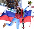 アルペンスキー世界選手権2015、女子滑降。優勝を喜ぶティナ・マゼ（2015年2月6日撮影）。(c)AFP/MARK RALSTON