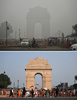 インド・ニューデリーのインド門を訪れた観光客を撮影した写真。上は濃いスモッグにかすむインド門（2019年11月3日撮影）、下は空が晴れた翌日のインド門（同4日撮影）。(c)Sajjad  HUSSAIN/AFP