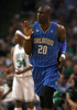 08-09NBA東カンファレンスプレーオフ準決勝、ボストン・セルティックス（%%Boston Celtics%%）対オーランド・マジック（%%Orlando Magic%%）第7戦。試合はマジックが101-82でセルティックスを下し、対戦成績を4勝3敗としてカンファレンス決勝に進出した。写真は3ポイントシュートを決めて歓喜するマジックのマイケル・ピートラス（%%Mickael Pietrus%%）。（2009年5月17日撮影）(c)AFP/Getty Images/Elsa