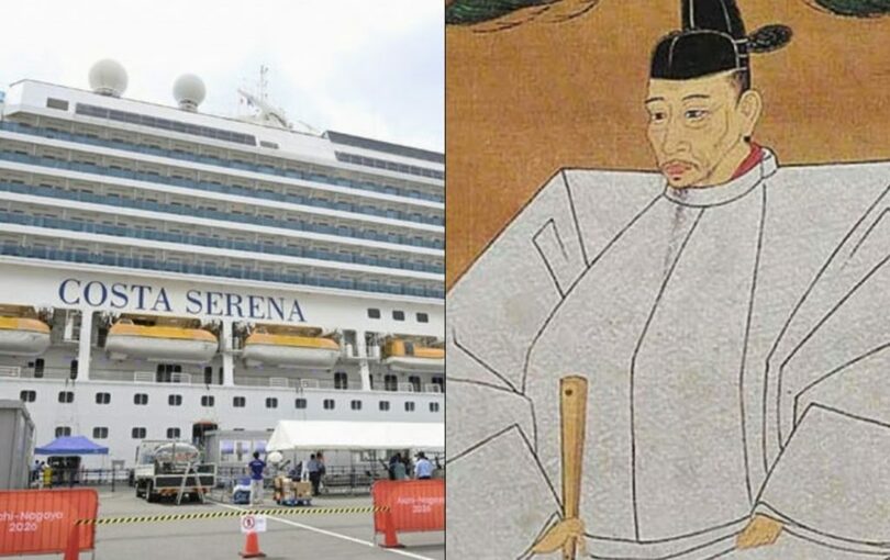 2026年愛知・名古屋アジア大会の選手村として使われる大型クルーズ船「コスタ・セレーナ」（左）と豊臣秀吉の肖像画(c)MONEYTODAY