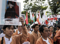 都内の公園で、ミャンマーの民主化指導者アウン・サン・スー・チー（Aung San Suu Kyi）さん率いる国民民主連盟（National League of Democracy、NLD）の結党20周年記念の集会に参加する在日ミャンマー人（2008年9月27日撮影）。(c)AFP/TOSHIFUMI KITAMURA