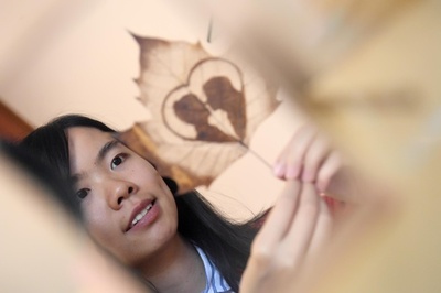 落ち葉が私のキャンバス 中国・南寧の女性が制作