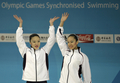 北京五輪シンクロナイズドスイミング最終予選のデュエットで3位に入り表彰式に臨む日本の原田早穂（右）と鈴木絵美子。（2008年4月18日撮影）(c)AFP/PETER PARKS