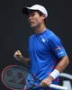 全豪オープンテニス、男子シングルス1回戦。ポイントを奪って喜ぶ西岡良仁（2017年1月17日撮影）。(c)AFP/SAEED KHAN