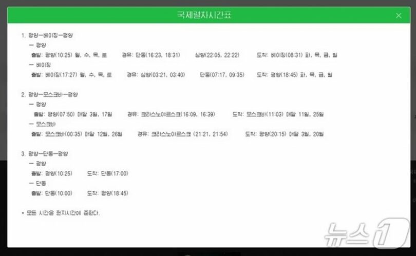 2025年7月16日、「朝鮮観光」ウェブサイトに掲載された、平壌―北京―平壌の国際列車スケジュール＝朝鮮観光サイトより(c)news1
