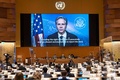 スイス・ジュネーブの国連人権理事会でビデオ演説した米国のアントニー・ブリンケン国務長官（2022年3月1日撮影）。(c)SALVATORE DI NOLFI / KEYSTONE / AFP