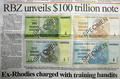 ジンバブエの政府系新聞に掲載された、新100兆ジンバブエ・ドル紙幣（右下）と、その他の新紙幣（2009年1月16日掲載）。(c)AFP/Desmond Kwande
