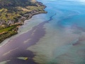 モーリシャスの上空から撮影した、貨物船わかしおから漏出した燃料が広がる海面（2020年8月8日撮影）。(c)AFP